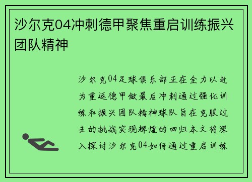 沙尔克04冲刺德甲聚焦重启训练振兴团队精神